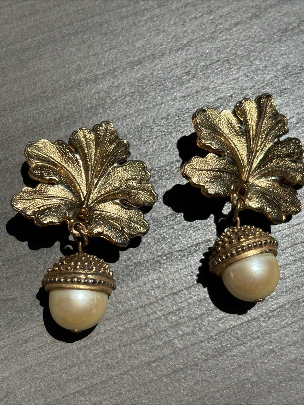 Vintage Carolee Acorn Etruscan Gold Tone Leaf Faux Pearl Drop Earrings Clip On
